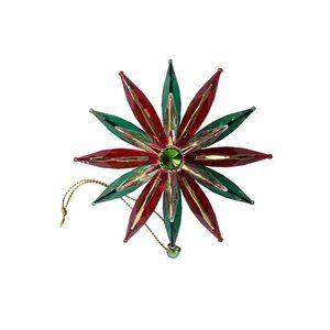 Vintage MCM 3D Red Clear Green Gold Plastic Flower Christmas Ornament 3.5"